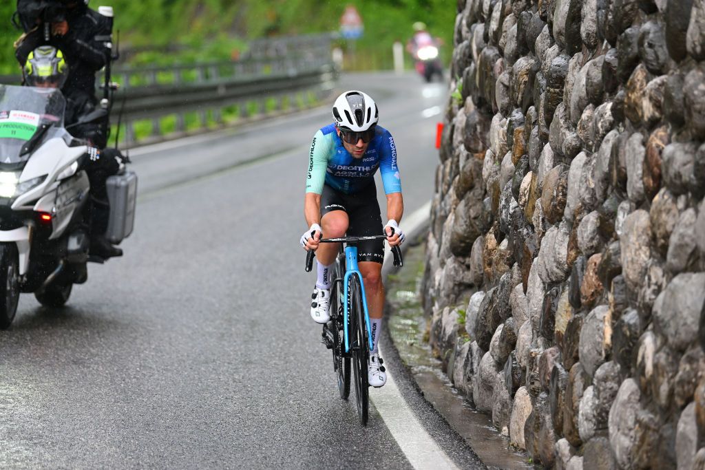 SAPPADA ITALY MAY 24 Andrea Vendrame of Italy and Decathlon AG2R La Mondiale Team competes in the breakaway during the 107th Giro dItalia 2024 Stage 19 a 157km stage from Mortegliano to Sappada 1236m UCIWT on May 24 2024 in Sappada Italy Photo by Dario BelingheriGetty Images