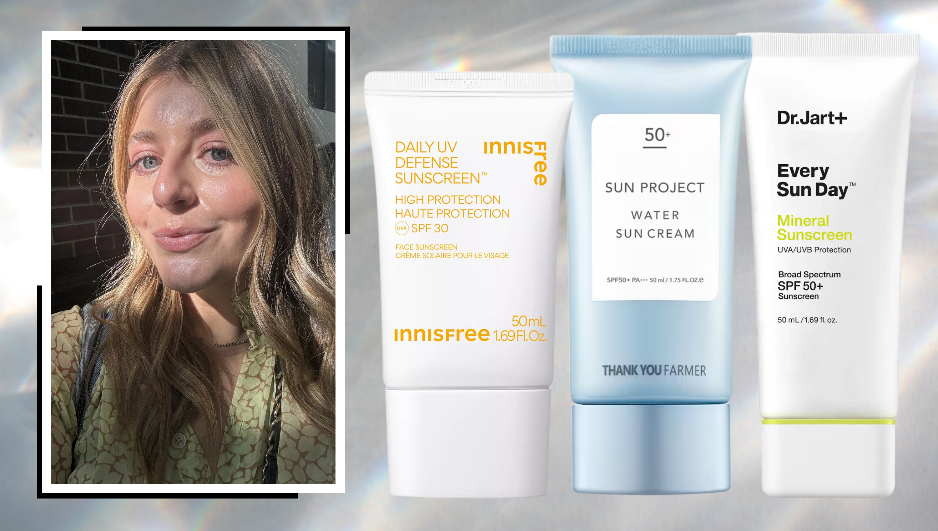 three bottles of korean sunscreen on a silver background next to a blonde woman with glowing skin