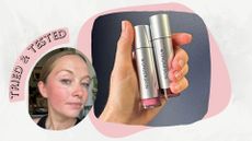 an image of Annie Milroy wearing Wonderskin Wonder Blading All Day Blush Stain beside an image of a hand holding two tubes of the blush stain