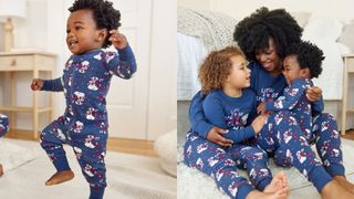 composite of a toddler and a mother with two young children wearing matching snoopy navy blue pajamas