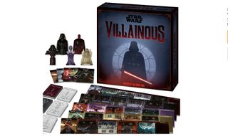 Promotional art for "Star Wars Villainous" depicting the game's box, cards and player pieces.