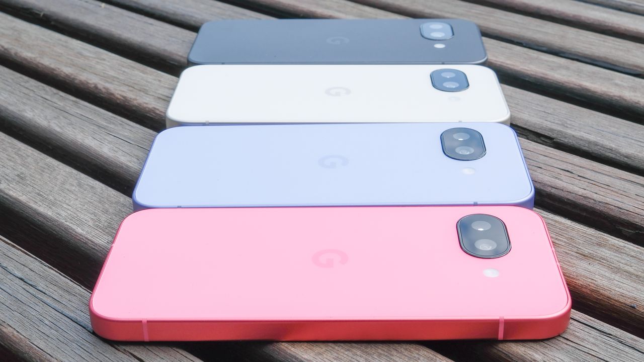 Google Pixel 9a in black, peony pink, iris, and porcelain, showing back cover with camera and home screen