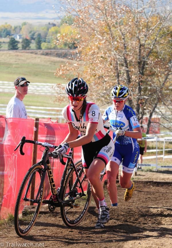 Julie Krasniak (Rapha Focus) racing in 2nd position ahead of Gould