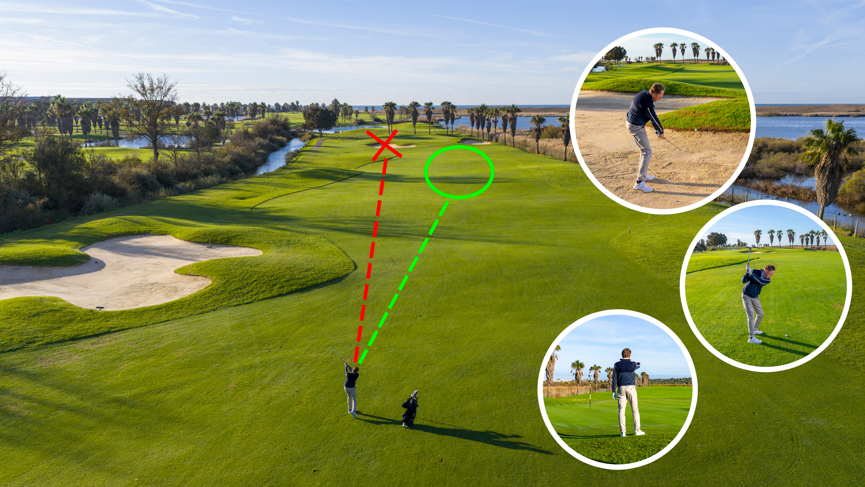 Keith Wood building a better score on the golf course by using the pro scoring shot strategy, highlighted by a green dotted line towards a green scoring shot circle, while a red dotted line points to a cross in he greenside bunker indicating that being the wrong strategy choice. There are also three inset images of examples of how to build a better score, each of which Keith demonstrates and explains using 30 years of experience.