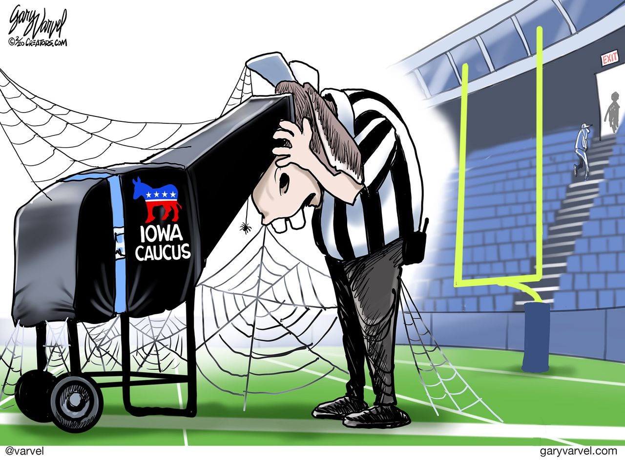 Political Cartoon U.S. Democrats Iowa Caucus Super Bowl cobwebs delay referee