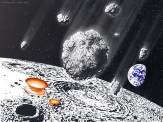 An asteroid shower which is thought to have hit the moon and Earth 800 million years ago.