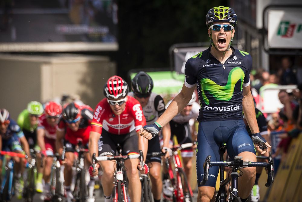 Jesus Herrada (Movistar) celebrates winning stage 2 at the Criterium du Dauphine
