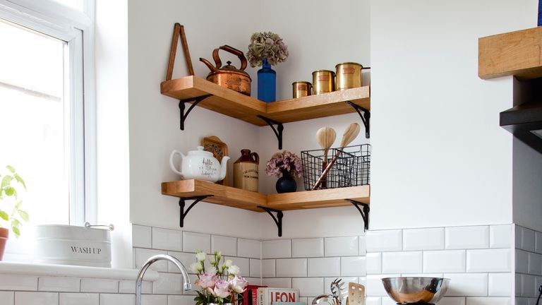 wooden corner shelves in a kitchen 