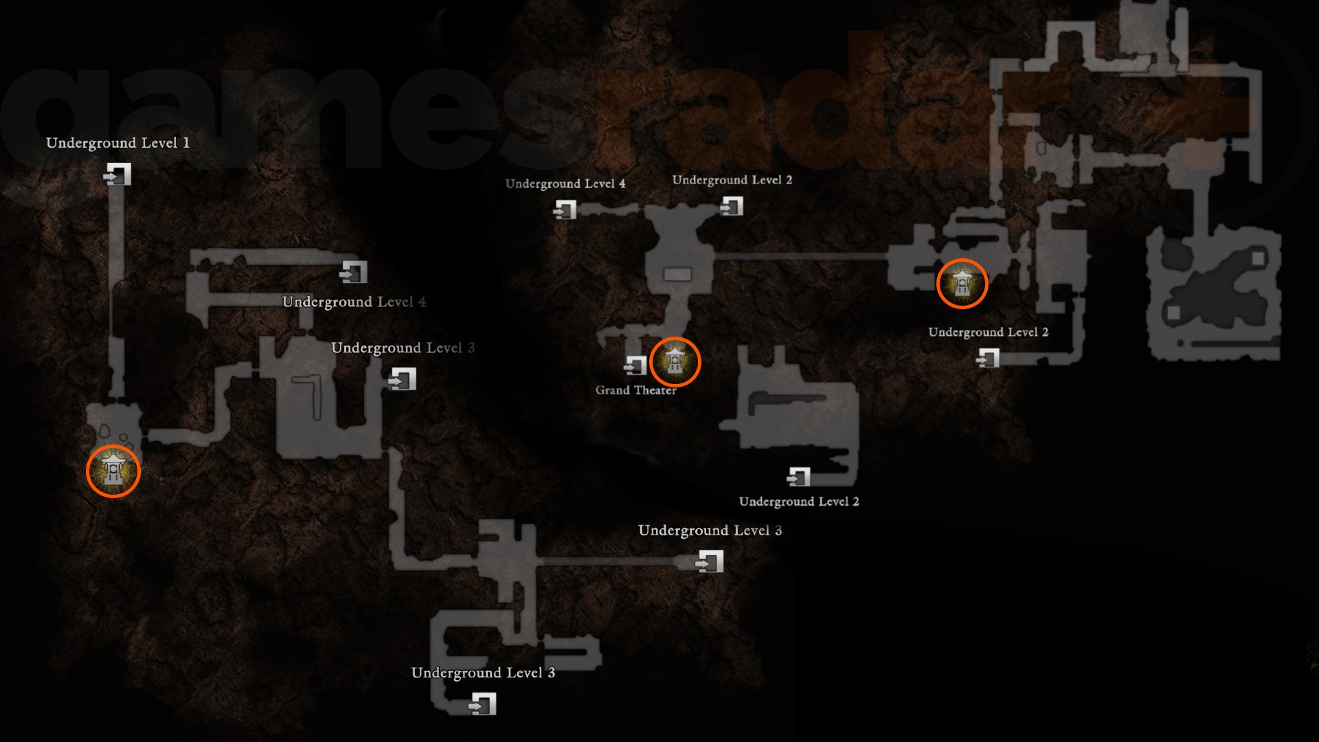 The Onimusha Way of the Sword fast travel locations in the Underground Lab marked on the in-game map.