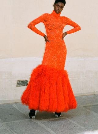 Model wears couture dress by Alaïa, designed by creative director Pieter Mulier