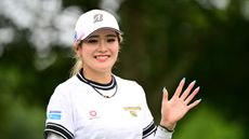 Shiho Kuwaki waves to the camera during the third round of Meijiyasuda Ladies Golf Tournament in July 2026