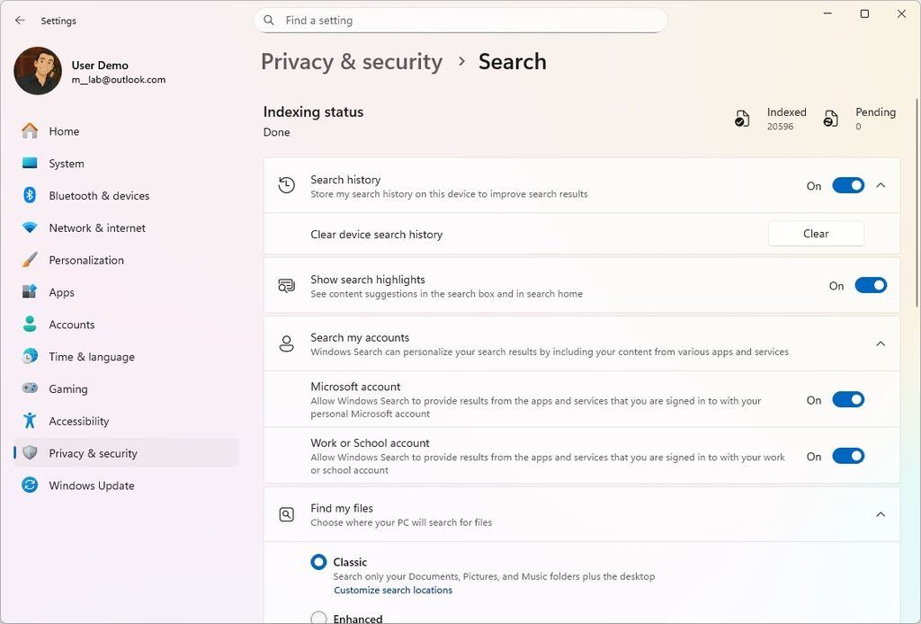 Windows 11 Settings new Search page