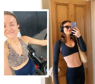 From left to right: A table with brunch food laid out, Ally at a Barry's strength class, Ally on the stationary bike at the gym, and Ally holding a blueberry protein shake