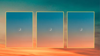 three new moons on a sunset blue and orange background