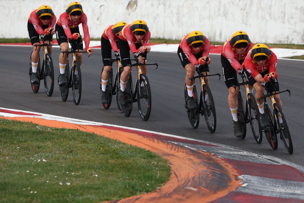 Uno-X Mobility's riders cycle during the 3rd stage of the Paris-Nice cycling race, a 28,4 km team time trial between Nevers Magny-Cours Circuit and Nevers, on March 11, 2025. (Photo by Anne-Christine POUJOULAT / AFP)