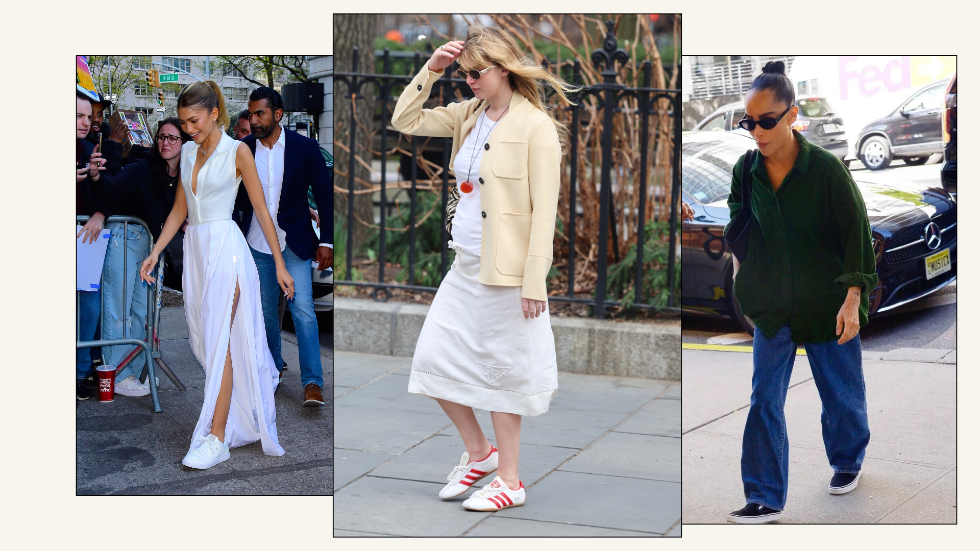 Zendaya Jennifer Lawrence and Zoe Kravitz wear three different summer outfits with trainers.