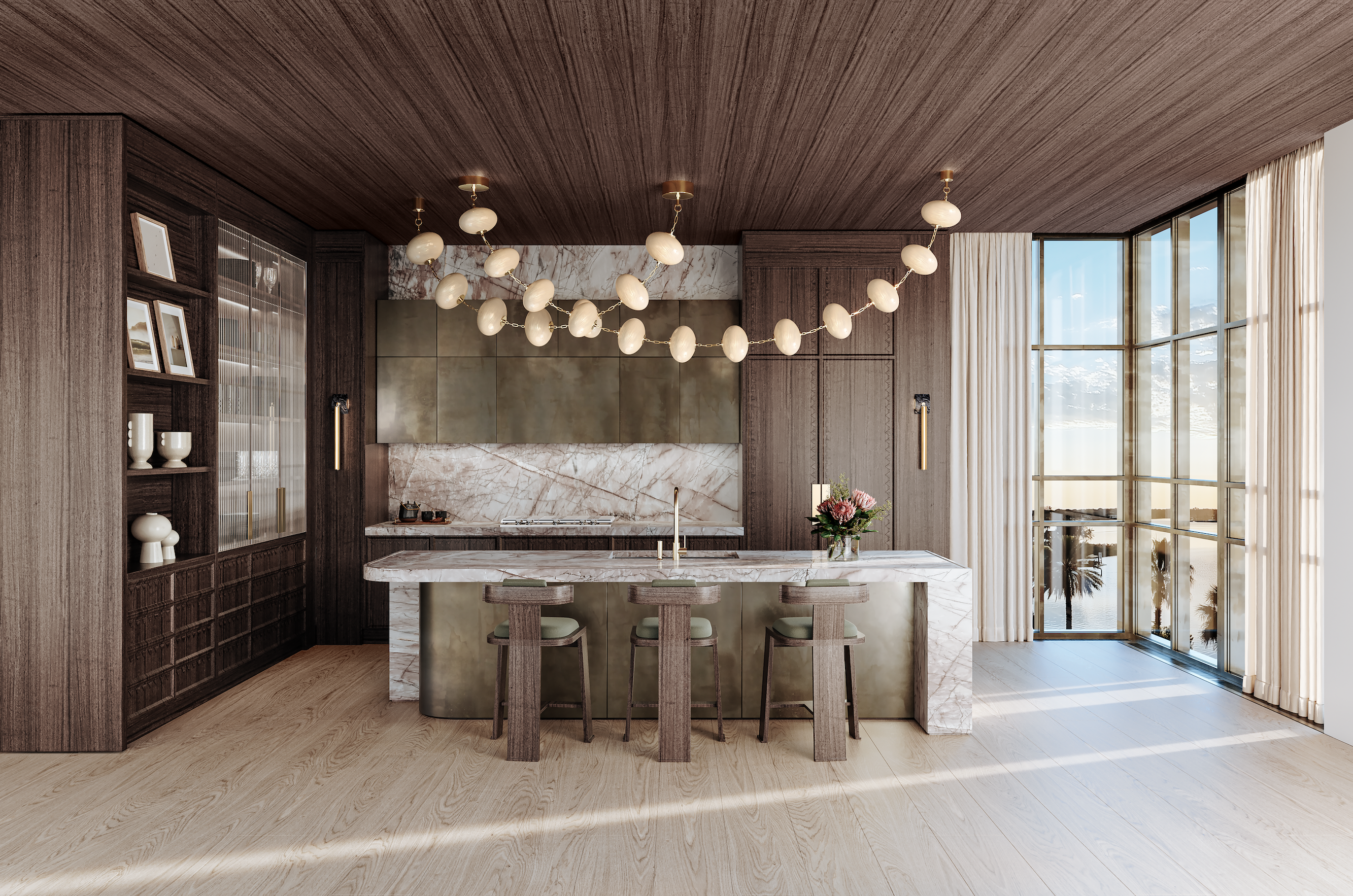 A kitchen designed and light and dark wood, with an oversized pendant light hung above the island