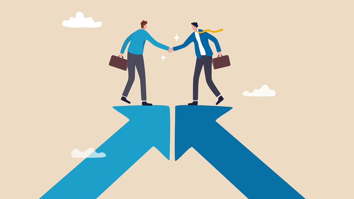 A graphic of two business figures on top of two arrows that point up and meet each other who are shaking hands