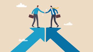 A graphic of two business figures on top of two arrows that point up and meet each other who are shaking hands