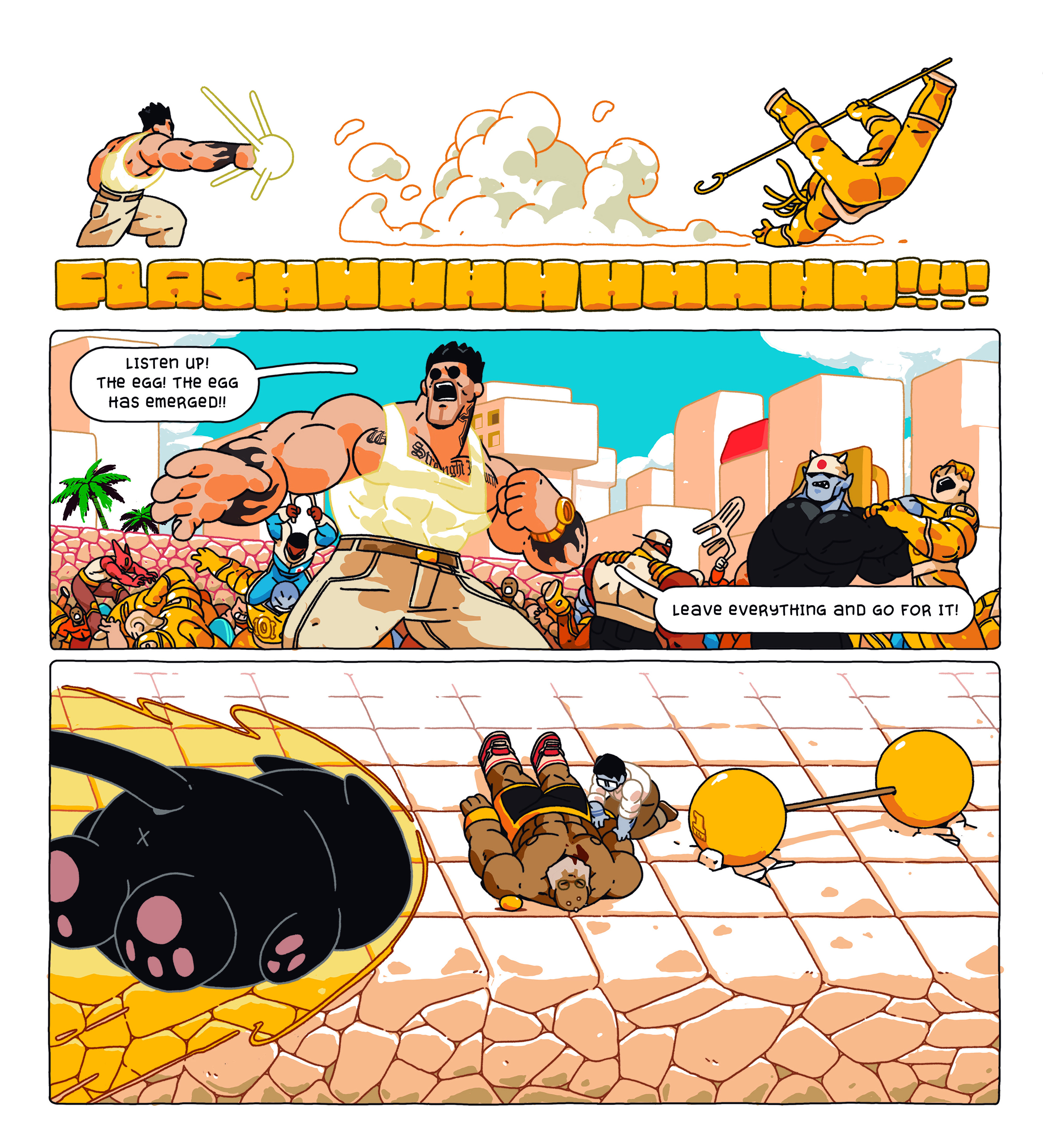 2D art; comic strip of muscular man punching