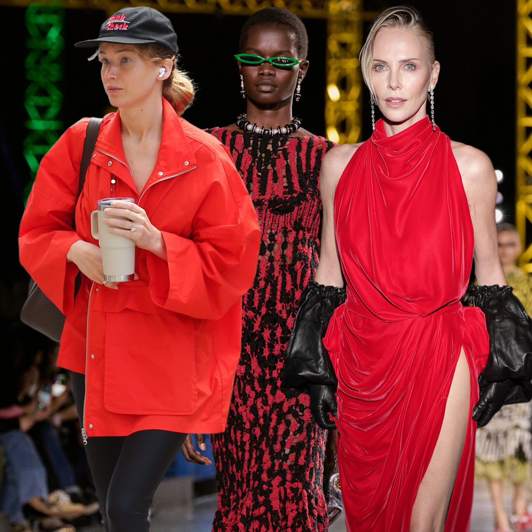 A collage of celebrities and models wearing the red-and-black color combination for summer 2026