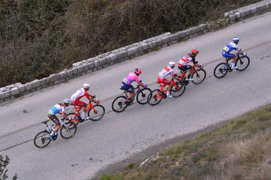 VALDEBLORE LA COLMIANE FRANCE MARCH 14 Aurlien ParetPeintre of France and Team AG2R La Mondiale Anthony Perez of France and Team Cofidis Solution Credits Alberto Bettiol of Italy and Team Ef Education First Nicolas Edet of France and Team Cofidis Solution Credits Polka Dot Mountain Jersey Thomas De Gendt of Belgium and Team Lotto Soudal Julian Alaphilippe of France and Team Deceuninck QuickStep Breakaway Peloton during the 78th Paris Nice 2020 Stage 7 a 1665km stage from Nice to Valdeblore La Colmiane 1500m Paris Nice 2020 final stage as part of the fight against the spread of the Coronavirus ParisNice parisnicecourse PN on March 14 2020 in Valdeblore La Colmiane France Photo by Luc ClaessenGetty Images