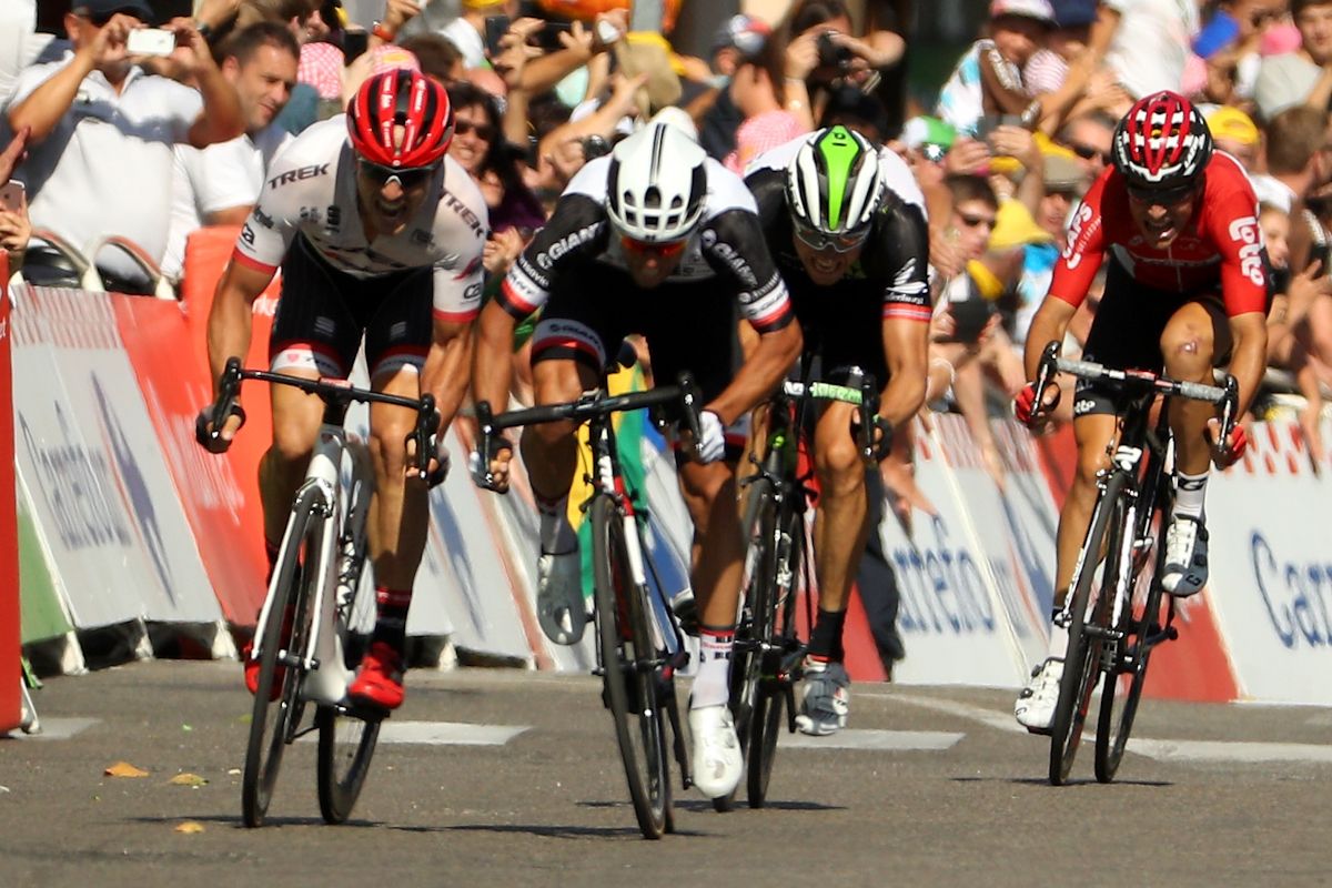 John Degenkolb and Michael Matthews rub elbows during the finish of stage 16 at the Tour de France