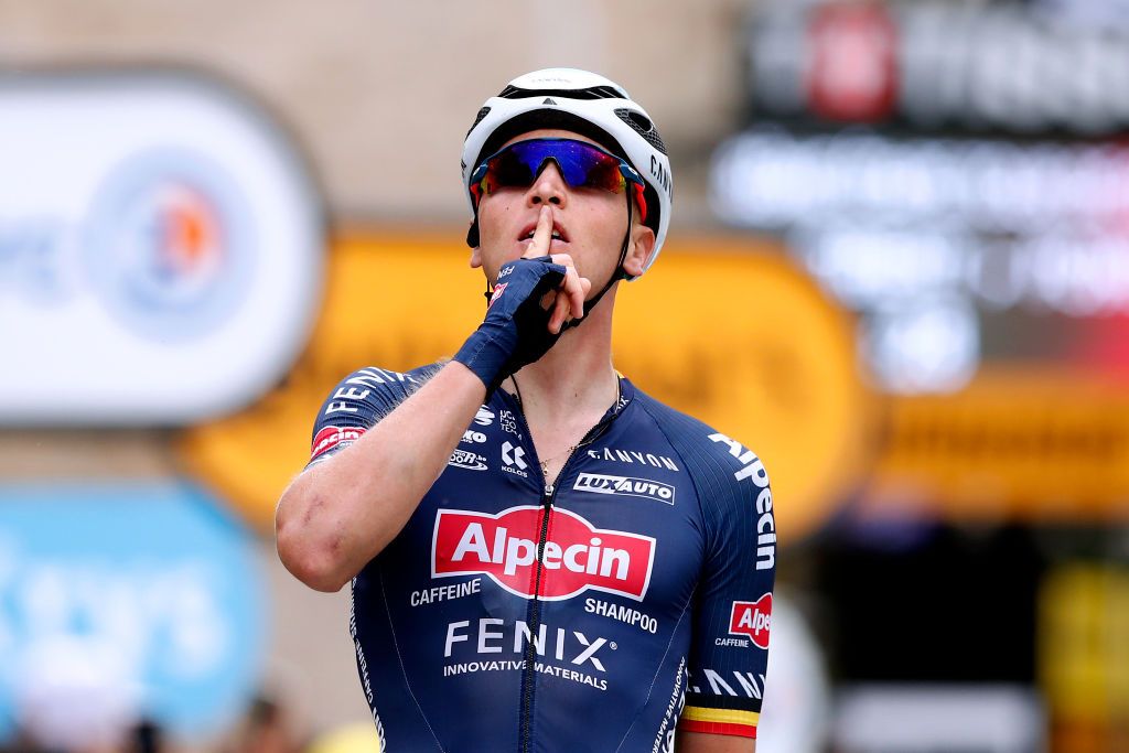 PONTIVY FRANCE JUNE 28 Tim Merlier of Belgium and Team AlpecinFenix stage winner celebrates at arrival during the 108th Tour de France 2021 Stage 3 a 1829km stage from Lorient to Pontivy LeTour TDF2021 on June 28 2021 in Pontivy France Photo by Benoit Tessier PoolGetty Images