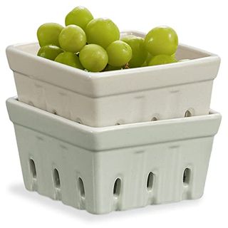 Onemore Ceramic Berry Basket, Square Fruit Bowls, Rustic Stoneware Berry Colander Set of 2, 5.7 Inch, Gray & Light Green