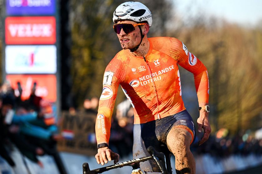LIEVIN, FRANCE - FEBRUARY 02: Gold medalist Mathieu Van Der Poel of Netherlands celebrates winning during the 76th UCI Cyclo-Cross World Championships 2025 - Men&amp;apos;s Elite on February 02, 2025 in Lievin, France. (Photo by Luc Claessen/Getty Images)