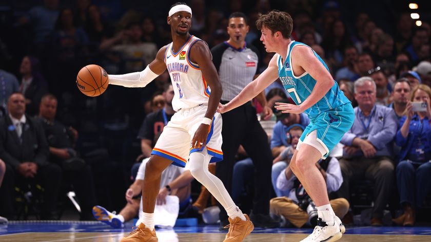 Shai Gilgeous-Alexander of the Oklahoma City Thunder playing against the Charlotte Hornets in a game ahead of the NBA 2025/26 season.