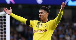 Liverpool target Jude Bellingham of Borussia Dortmund celebrates after scoring their sides first goal during the UEFA Champions League group G match between Manchester City and Borussia Dortmund at Etihad Stadium on September 14, 2022 in Manchester, England.