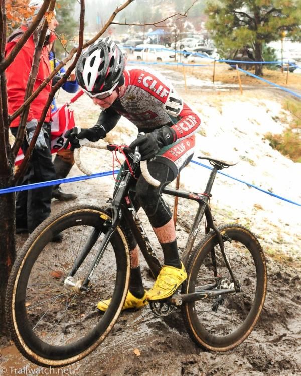 A Cliff Bar rider almost making it to the top of the run-up without getting off his bike