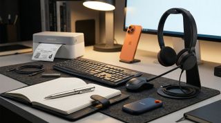 A selection of small business gear on a desk in a home office