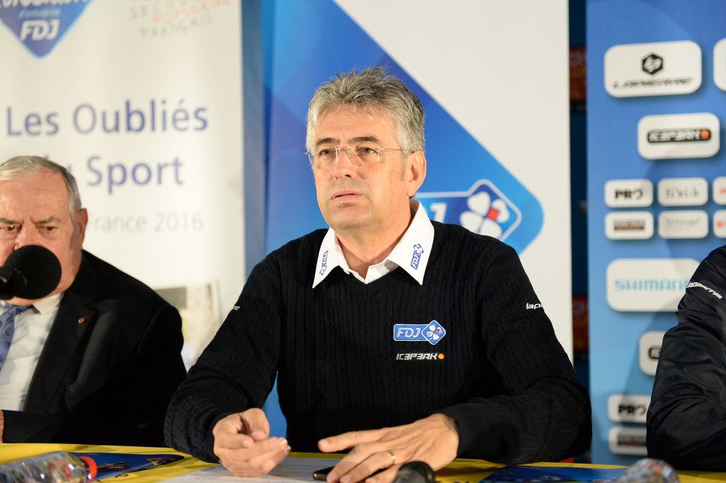 FDJ team manager Marc Madiot answers questions from the press