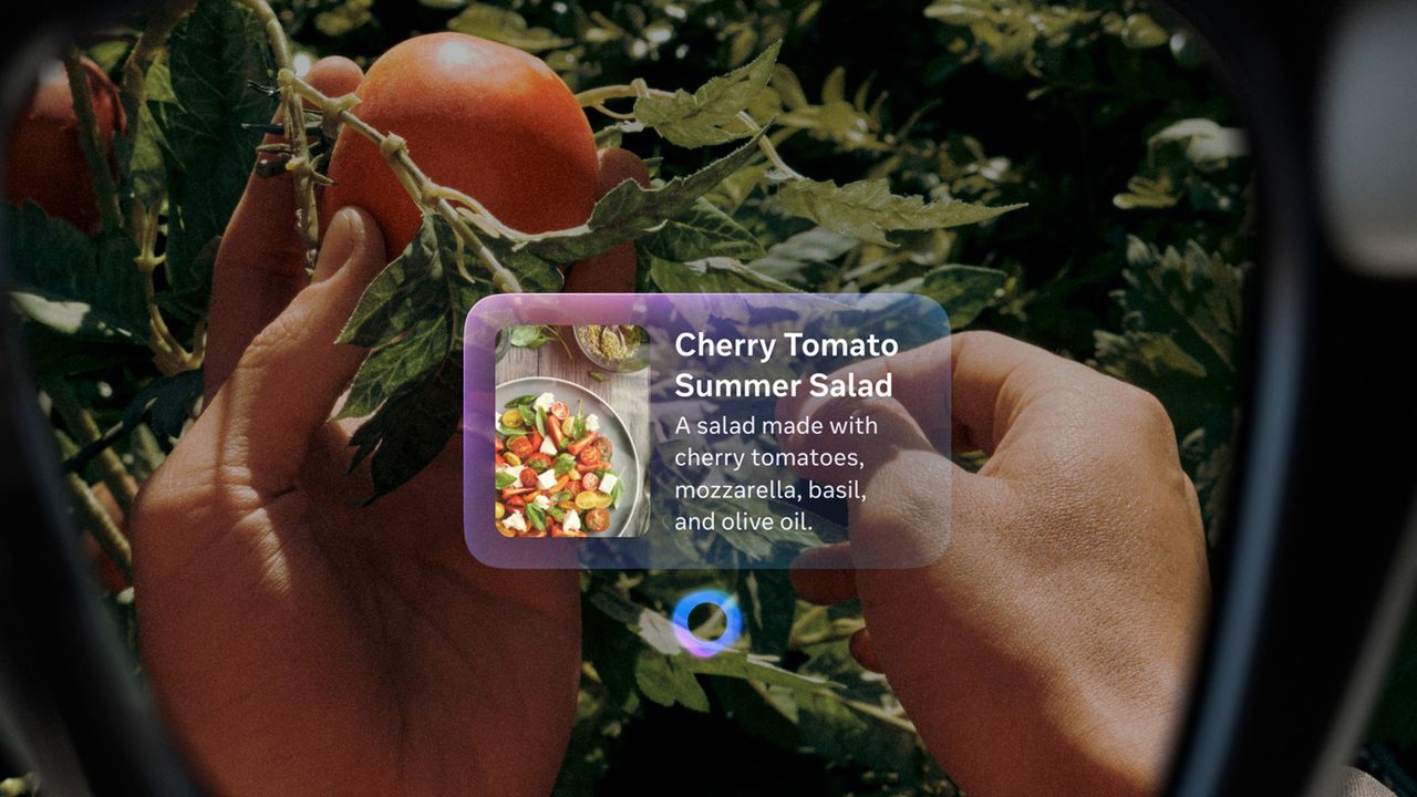 An official image of Meta Ray-Ban Display Glasses' display showing a Meta AI prompt about a tomato recipe