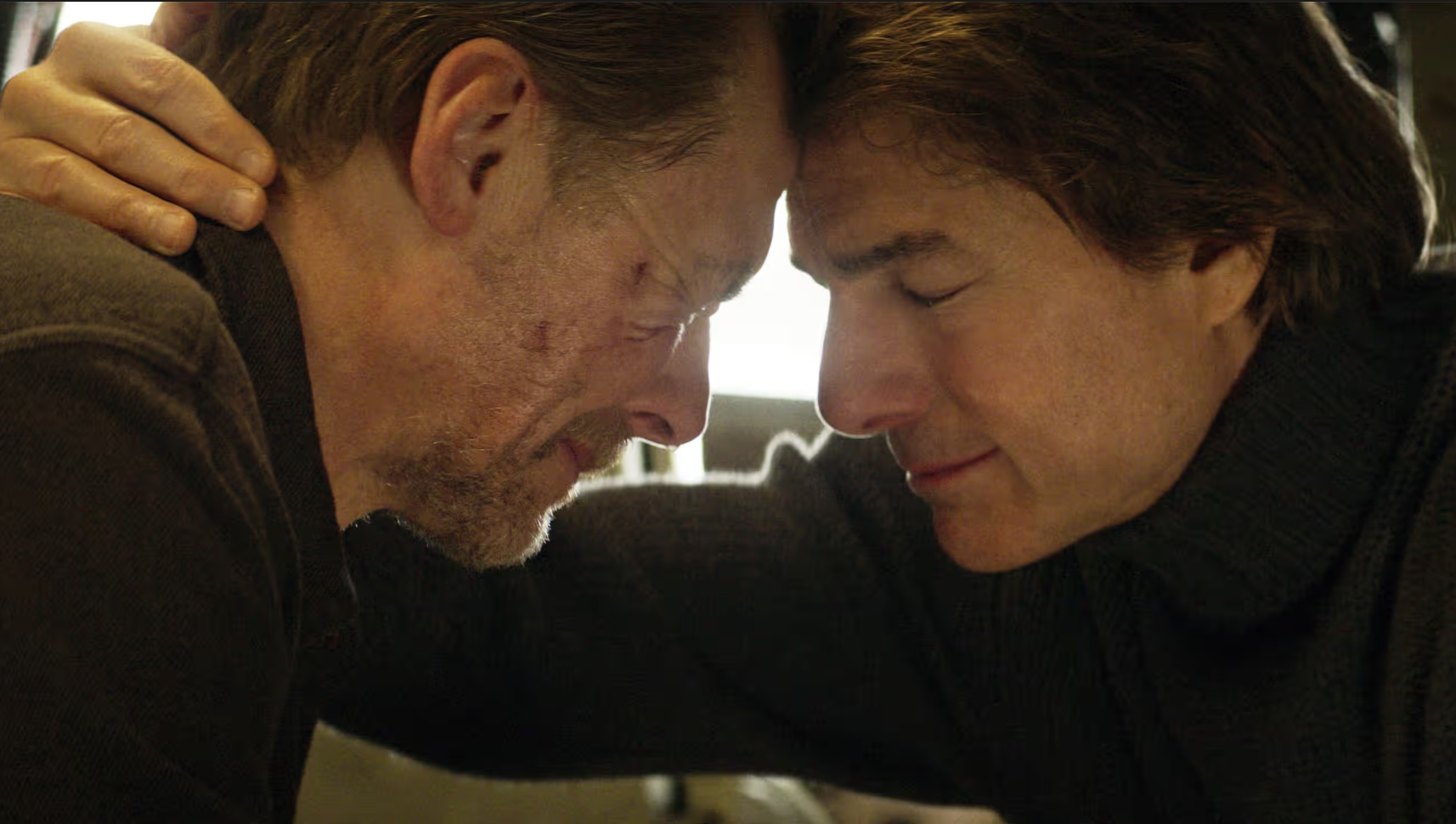 A still image from the Mission Impossible: The Final reckoning film showing Ethan Hunt (played by Tom Cruise) with Benji (played by Simon Pegg)