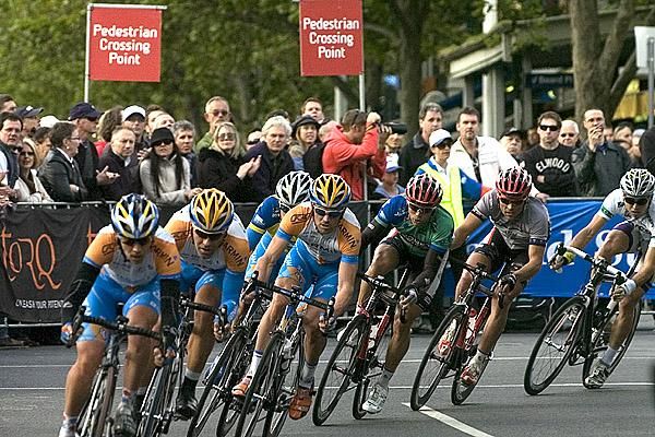 Garmin-Slipstream lead the peloton around a corner where Brad Wiggins, Chris Sutton and Jonathan Cantwell were never too far away from each other.