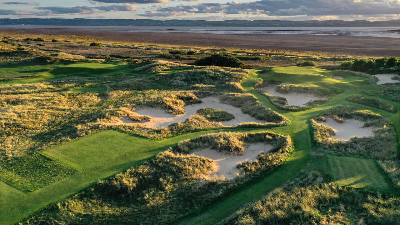 An aerial view of the 134 yards par 3, 15th hole &#039;Little Eye&#039; which will play as the par 3, 17th hole in the 2023 Open Championship at Royal Liverpool Golf Club