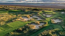 An aerial view of the 134 yards par 3, 15th hole 'Little Eye' which will play as the par 3, 17th hole in the 2023 Open Championship at Royal Liverpool Golf Club