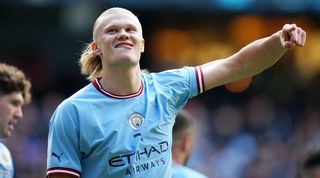 Erling Haaland celebrates after scoring for Manchester City against Leicester in the Premier League in April 2023. 
