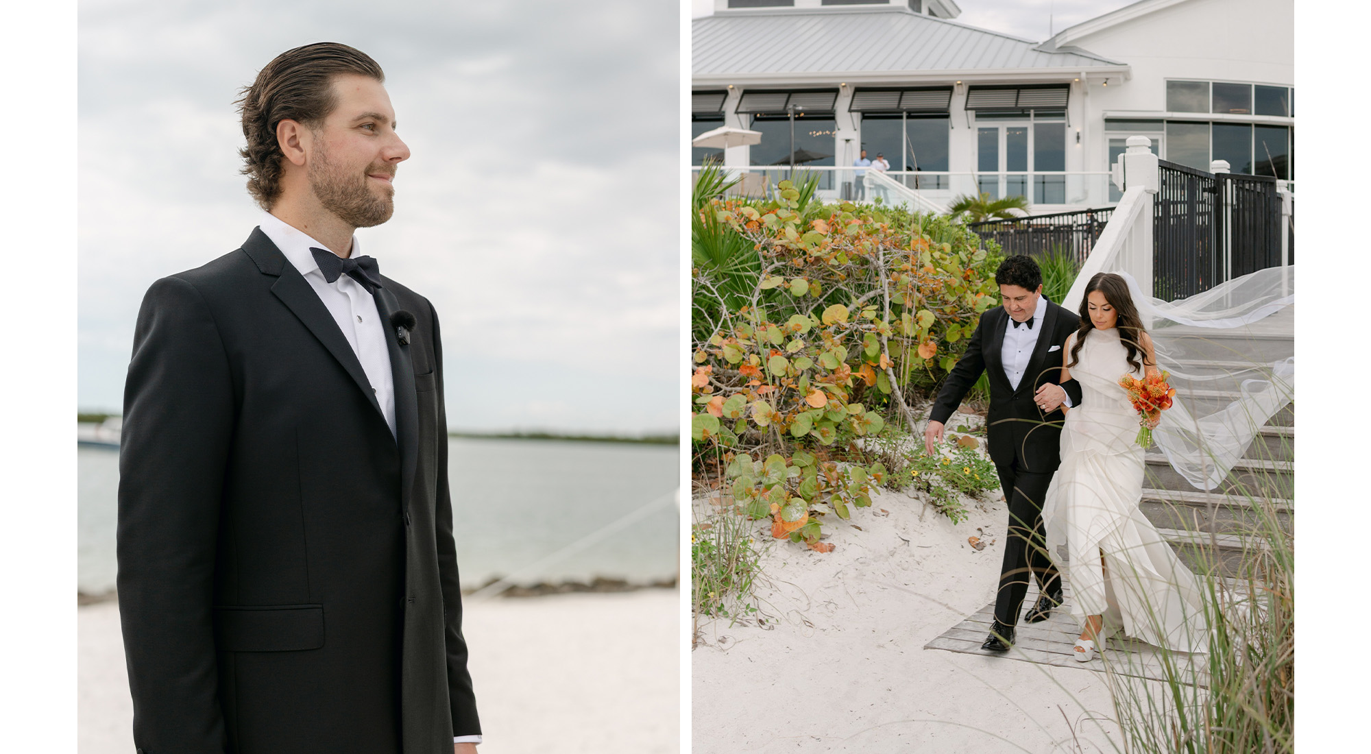Collage of Chris Denci standing at the altar and Kelli Orihuela walking down the aisle with her dad.