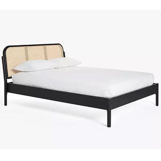 Japandsi style black bed frame with natural cane woven headboard