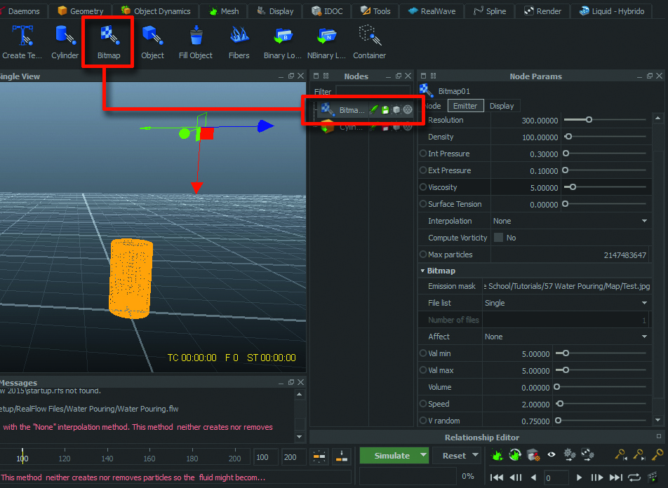 Add a Bitmap emitter for pouring your water