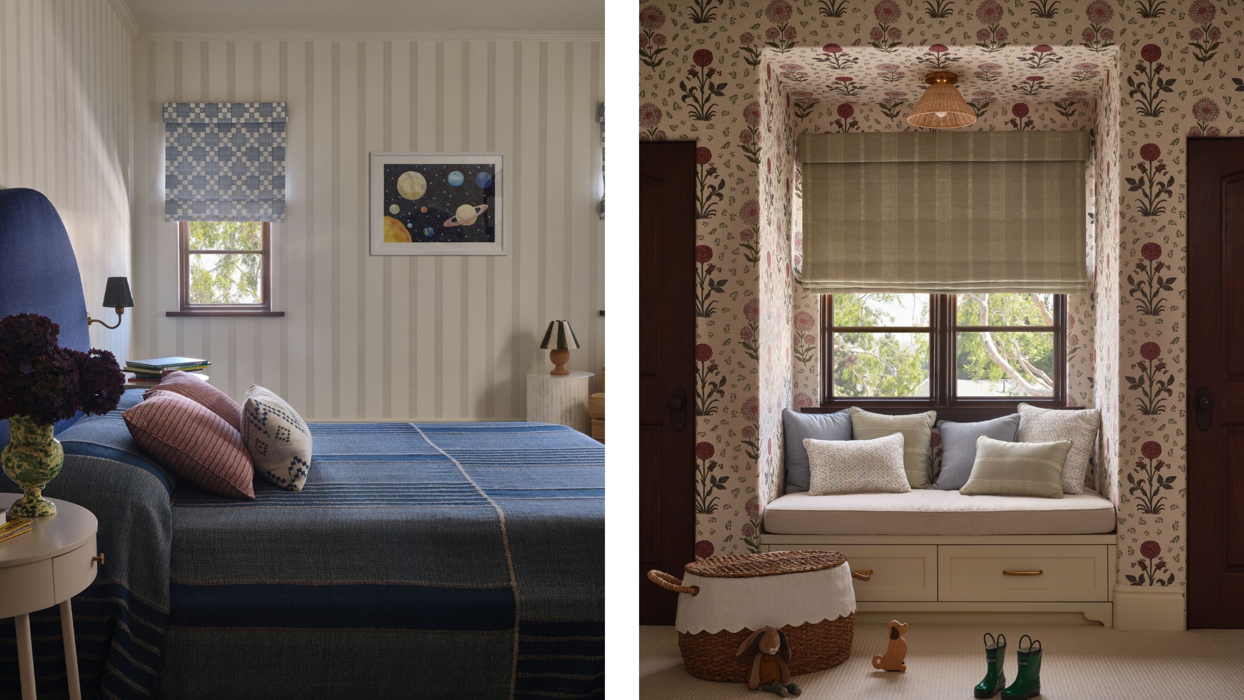 two side by side images of layered kids bedrooms