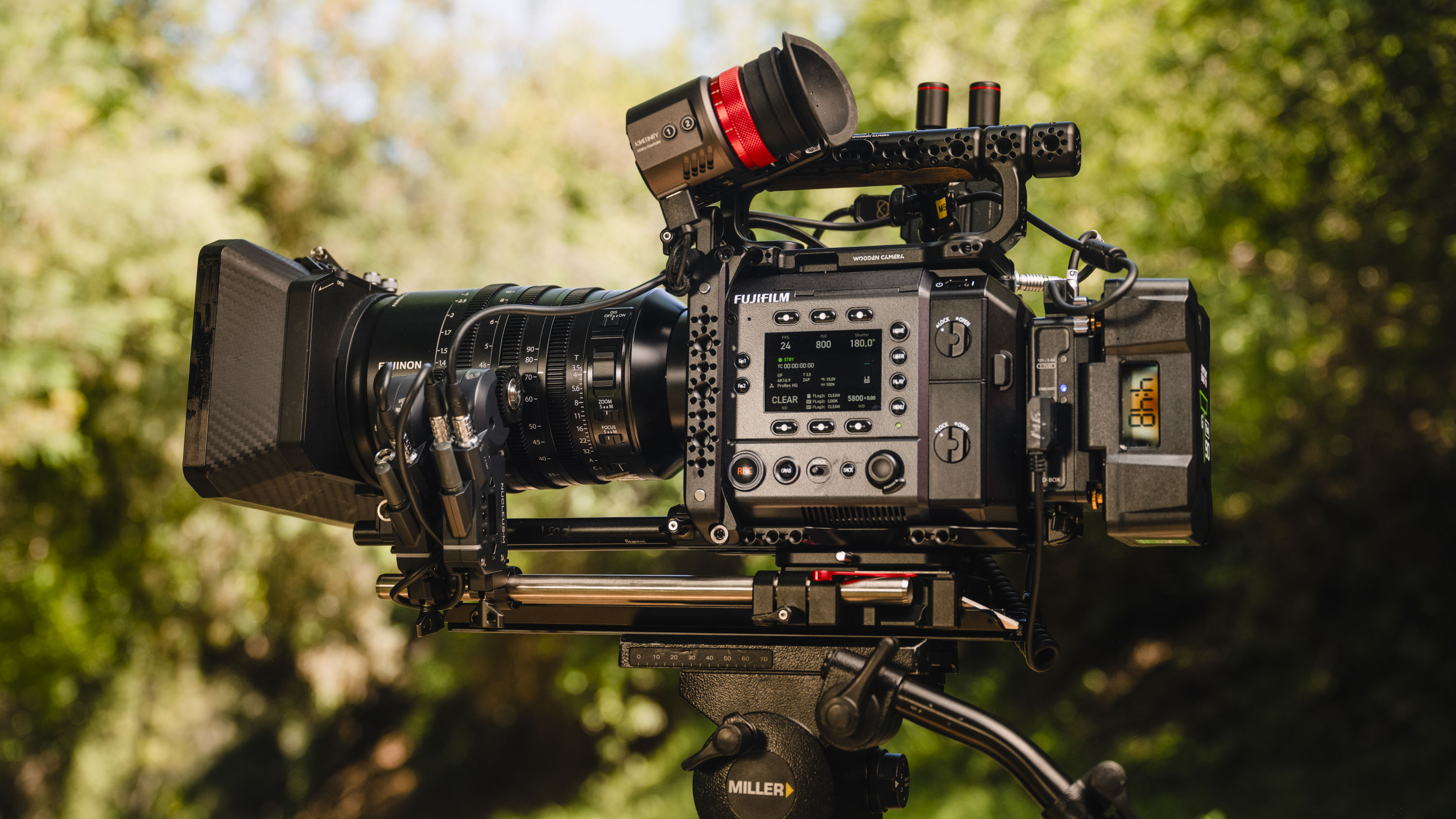 Fujifilm GFX Eterna 55 cinema camera outdoors on a video tripod