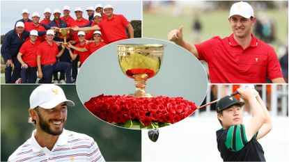 Montage picturing Presidents Cup trophy, celebrations and players