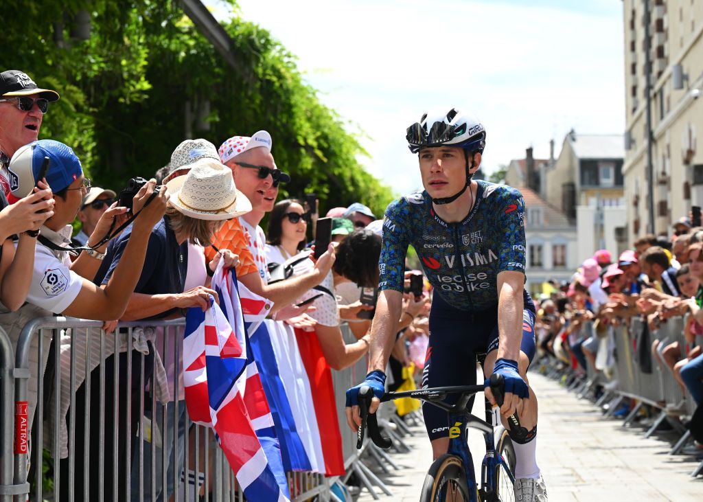 TROYES FRANCE JULY 07 Jonas Vingegaard Hansen of Denmark and Team Visma Lease a Bike prior to the 111th Tour de France 2024 Stage 9 a 199km stage from Troyes to Troyes UCIWT on July 07 2024 in Troyes France Photo by Tim de WaeleGetty Images