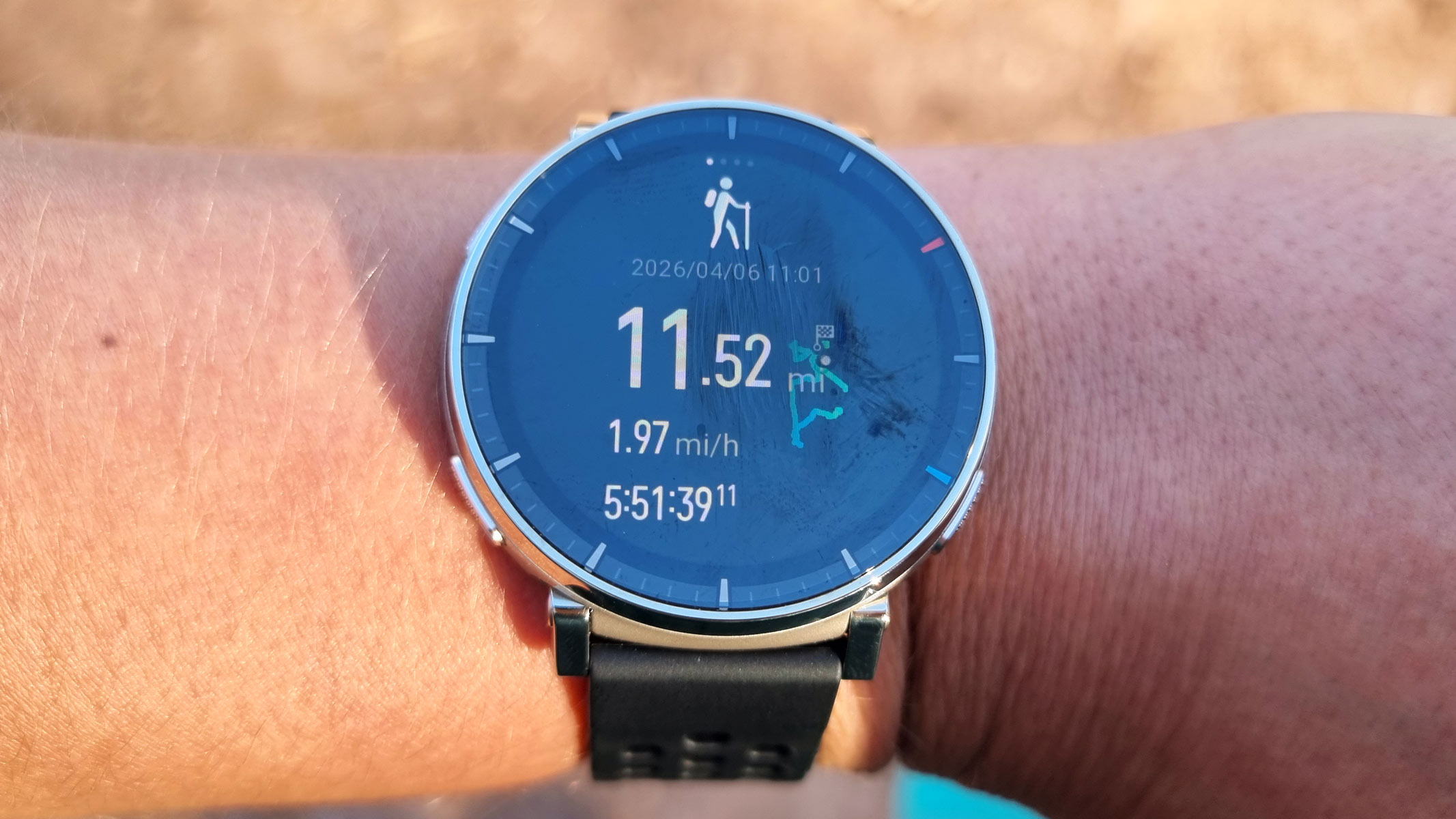 a close-up picture of the Amazfit Active 3 Premium displaying our reviewer's hiking stats