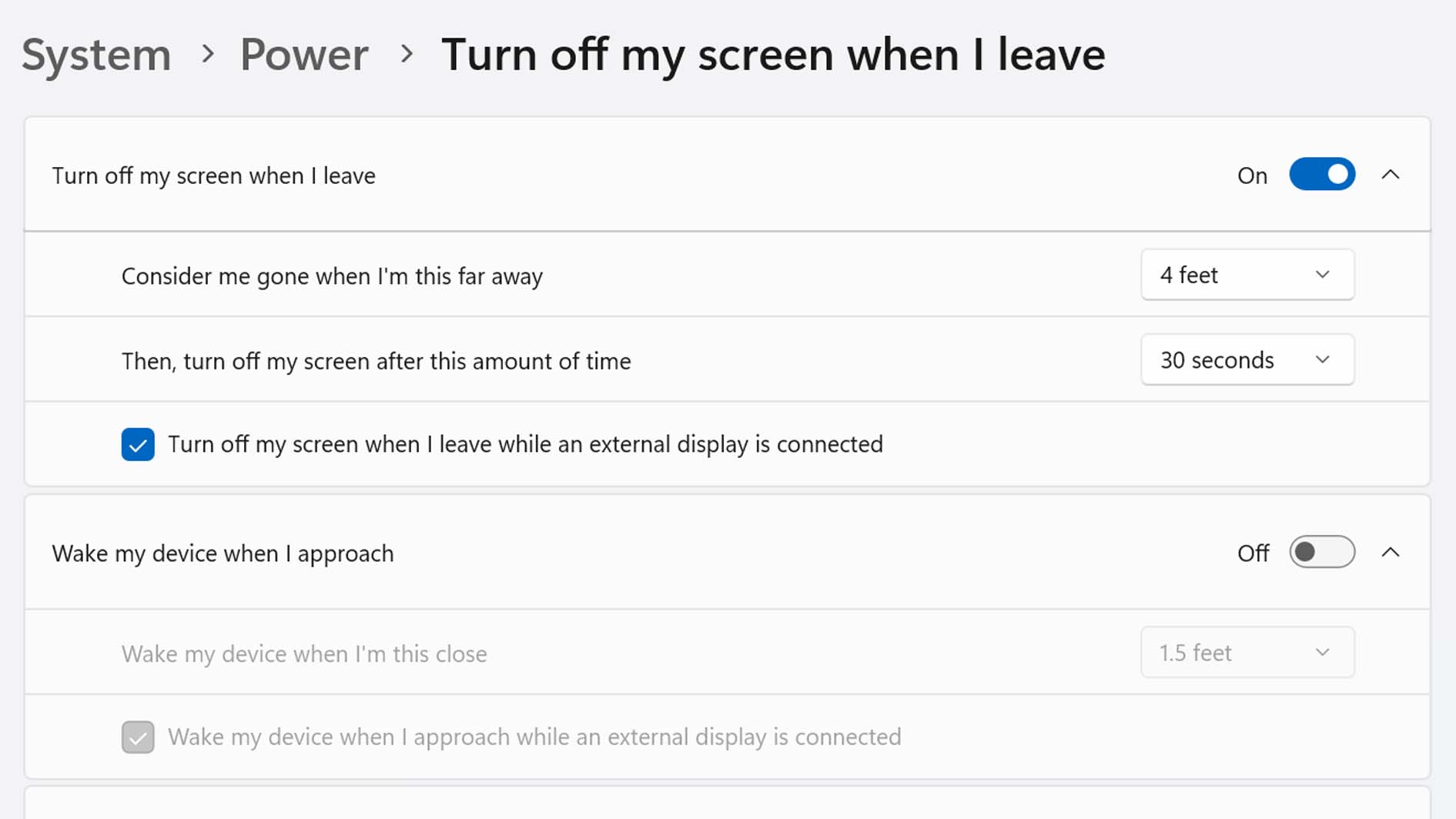 A screenshot showing Windows 11 settings for Presence Sensing. 